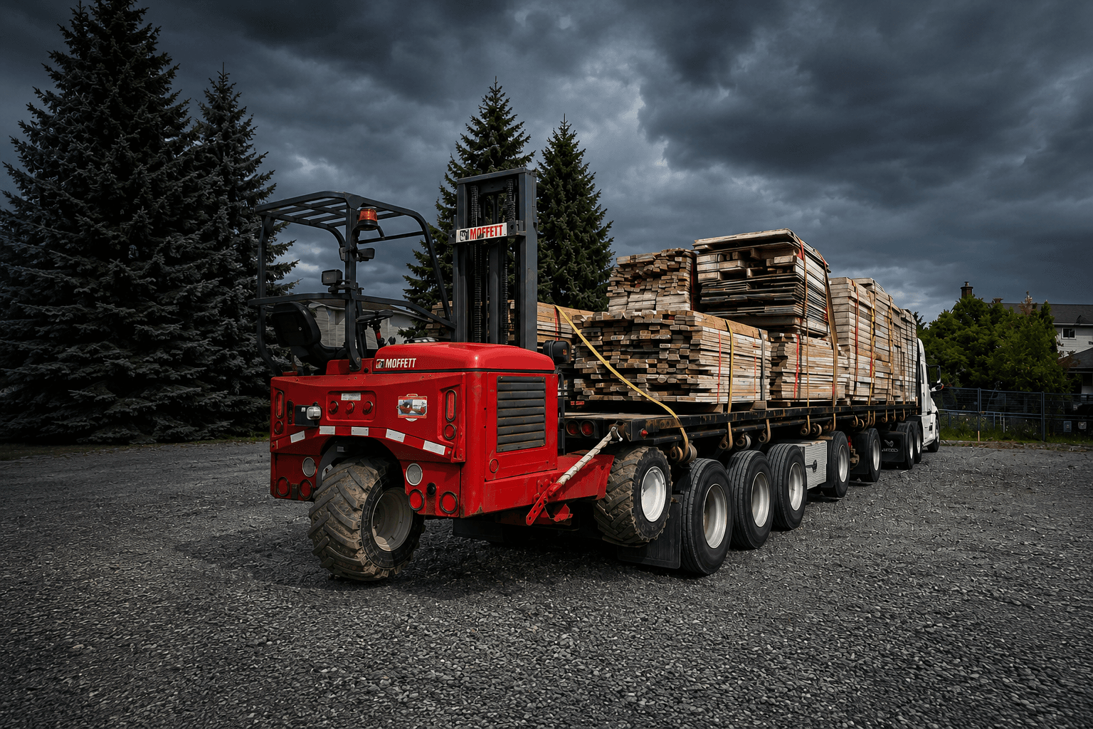 A red Moffett forklift loading strapped lumber onto a heavy-haul flatbed trailer in an industrial yard.