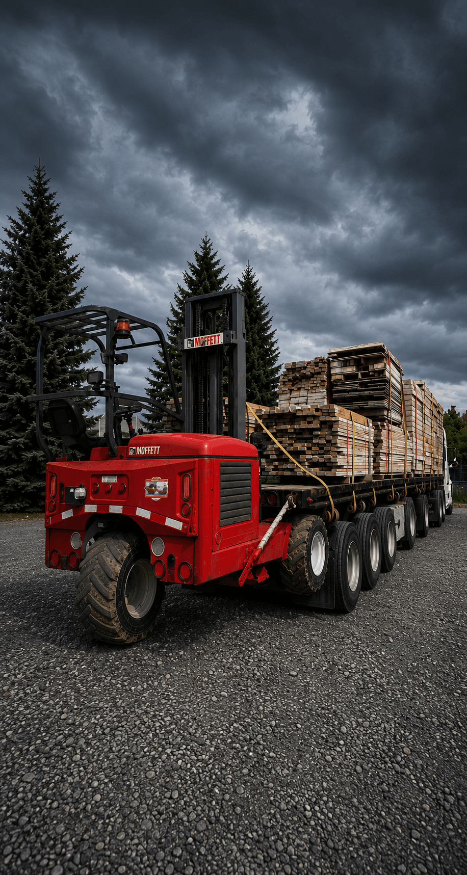 A red Moffett forklift loading strapped lumber onto a heavy-haul flatbed trailer in an industrial yard.